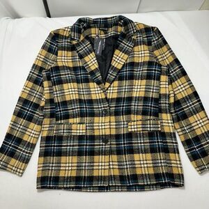 NWT PrettyLittleThing Yellow Check Print Wool Look Blazer Women's 8 Lined Jacket